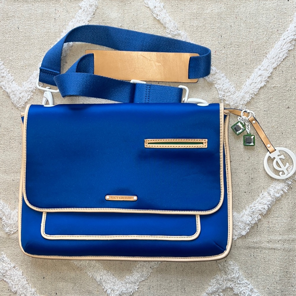 NWOT Juicy Couture Neoprene Blue Laptop Messenger Bag with Tan Leather Accent